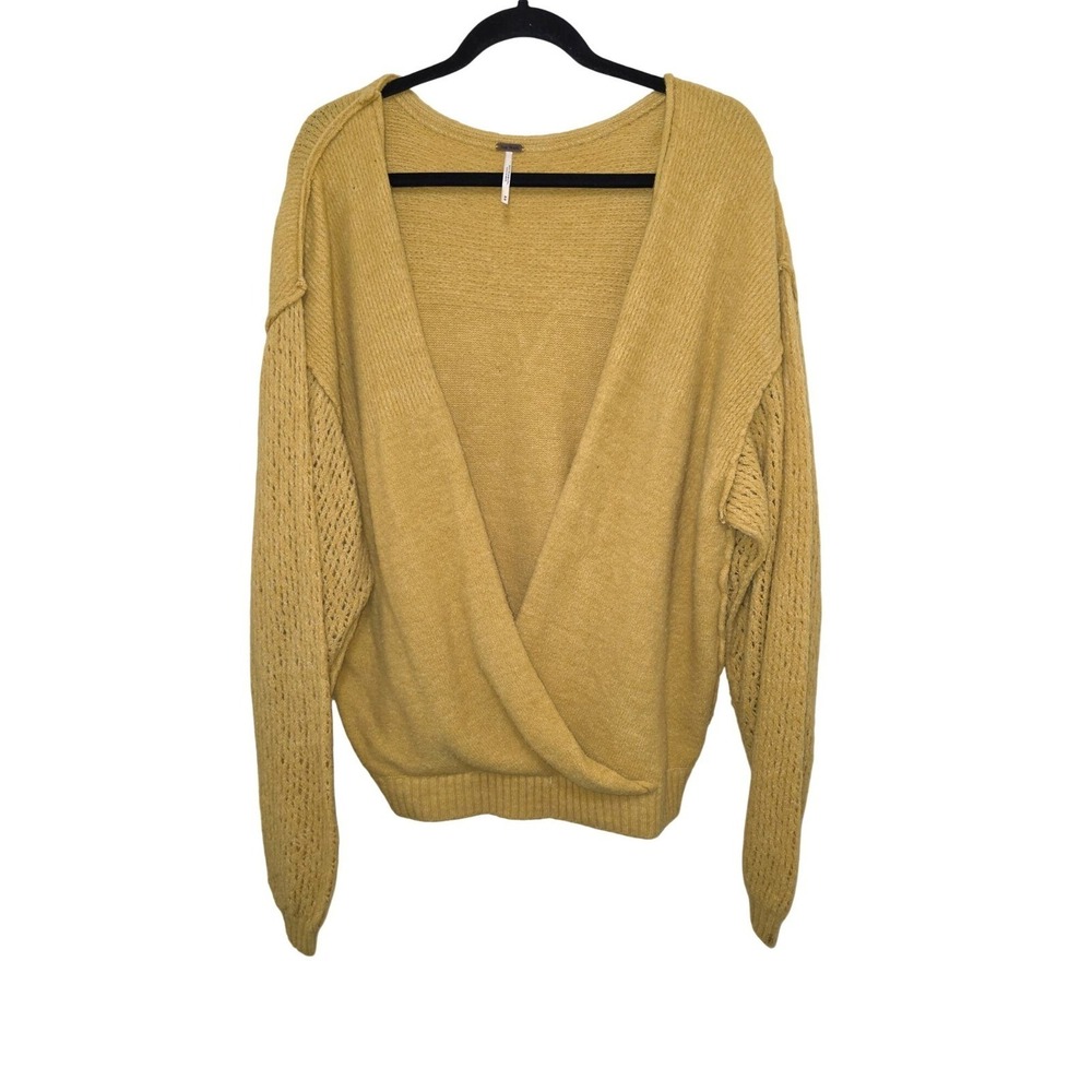 Free People Mustard Yellow Wrap Knit Sweater With Openwork Sleeves Womens Size M